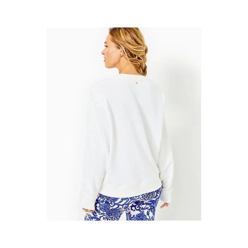 Lilly Pulitzer Long Sleeve Beaded Sweatshirt Top Ribbed White Cotton S 289953